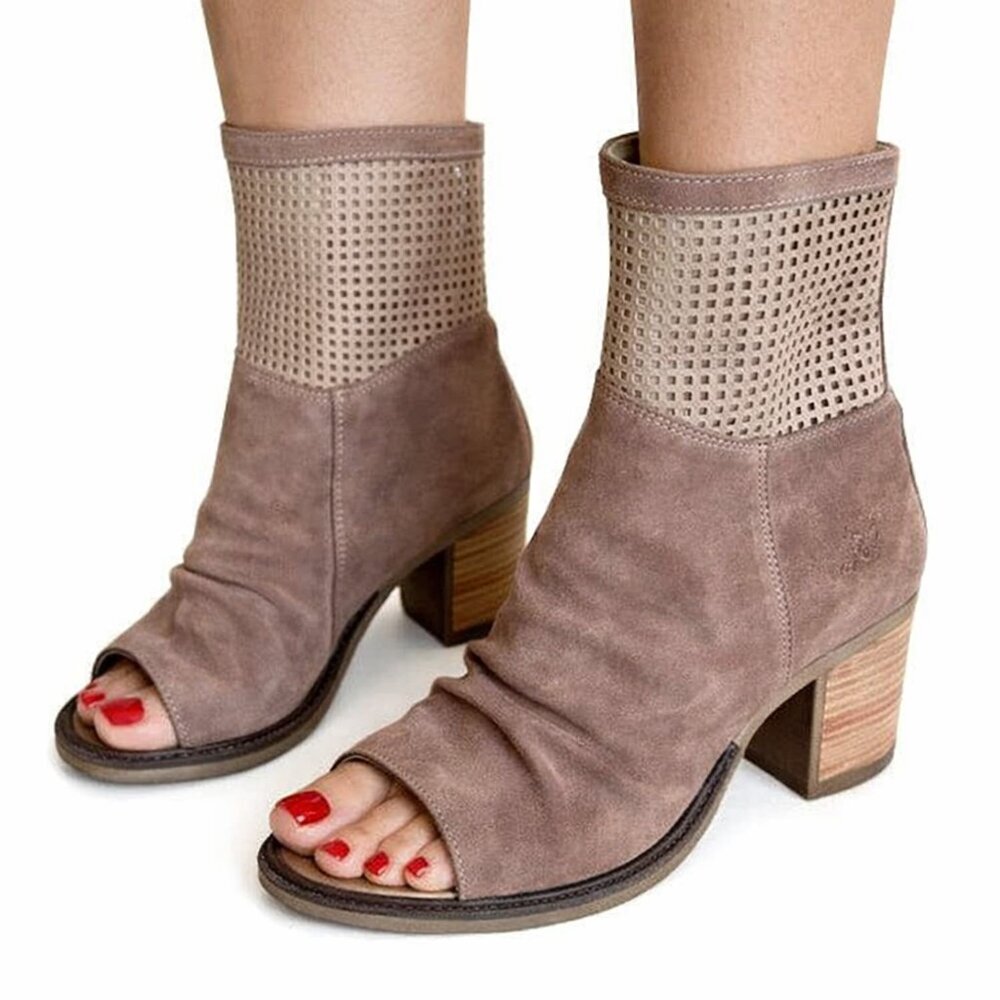Bos. & Co. Celine Suede Open Peep Toe Boots Bootie in Taupe Size 37 or 7 EEUC